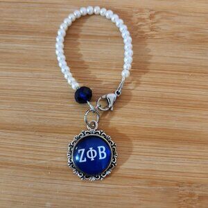 Hand Crafted Cup Handle Charm Zeta Phi Beta Pendant White Pearls Blue Bead